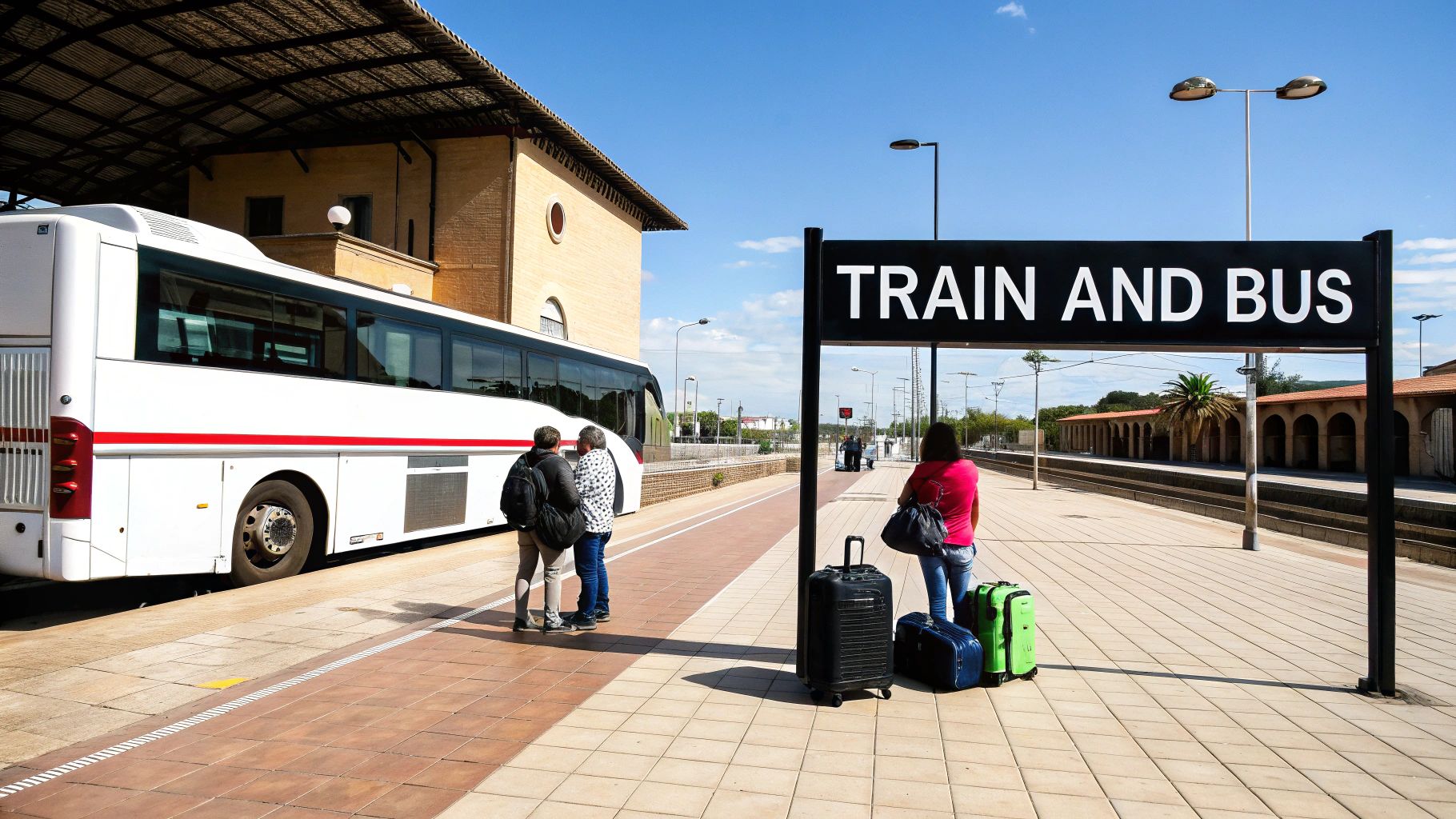Passengers wait at a sunny train and bus station with luggage near a white bus and a clear sign.
