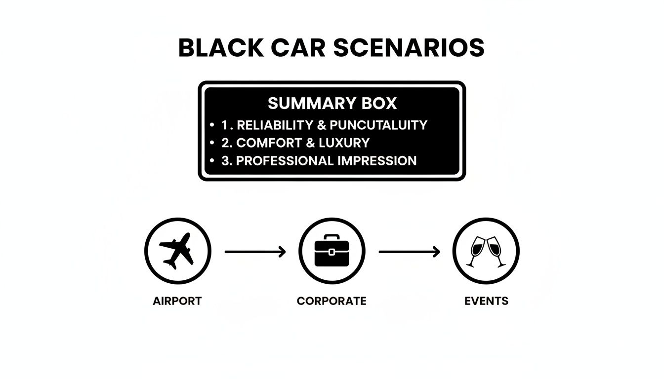 Infographic summarizing black car service benefits: reliability, comfort, and professional impression, used for airport, corporate, and events.