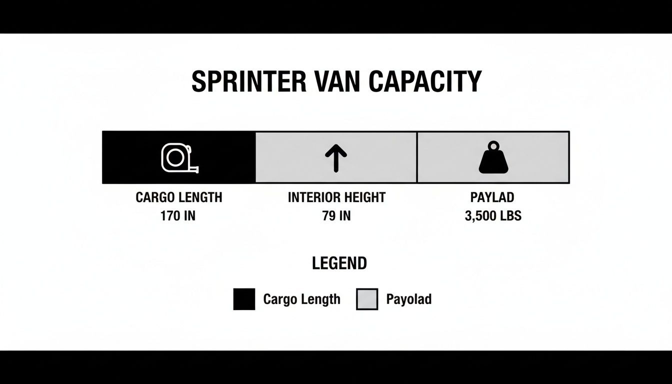A graphic illustrating Sprinter van capacity, showing cargo length, interior height, and payload.