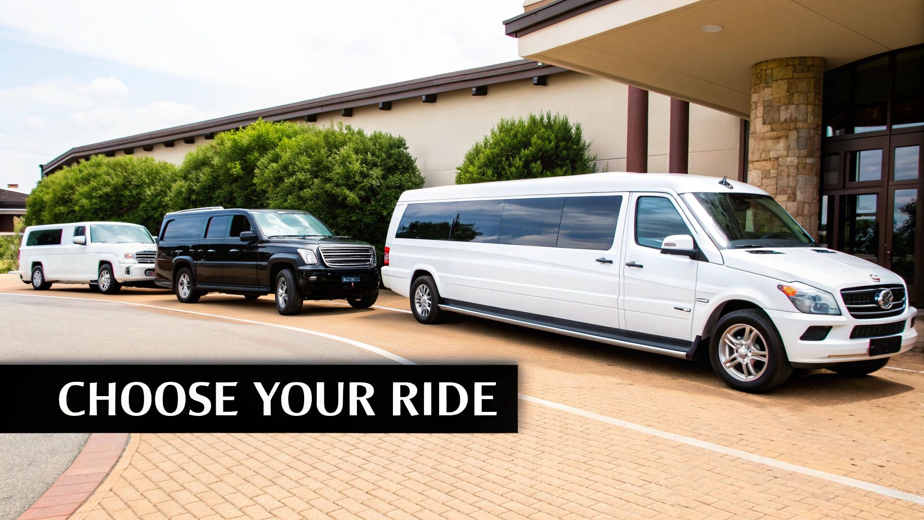 Three luxury vehicles, including two limos and a white sprinter van, parked outside a building, offering choices for transportation.
