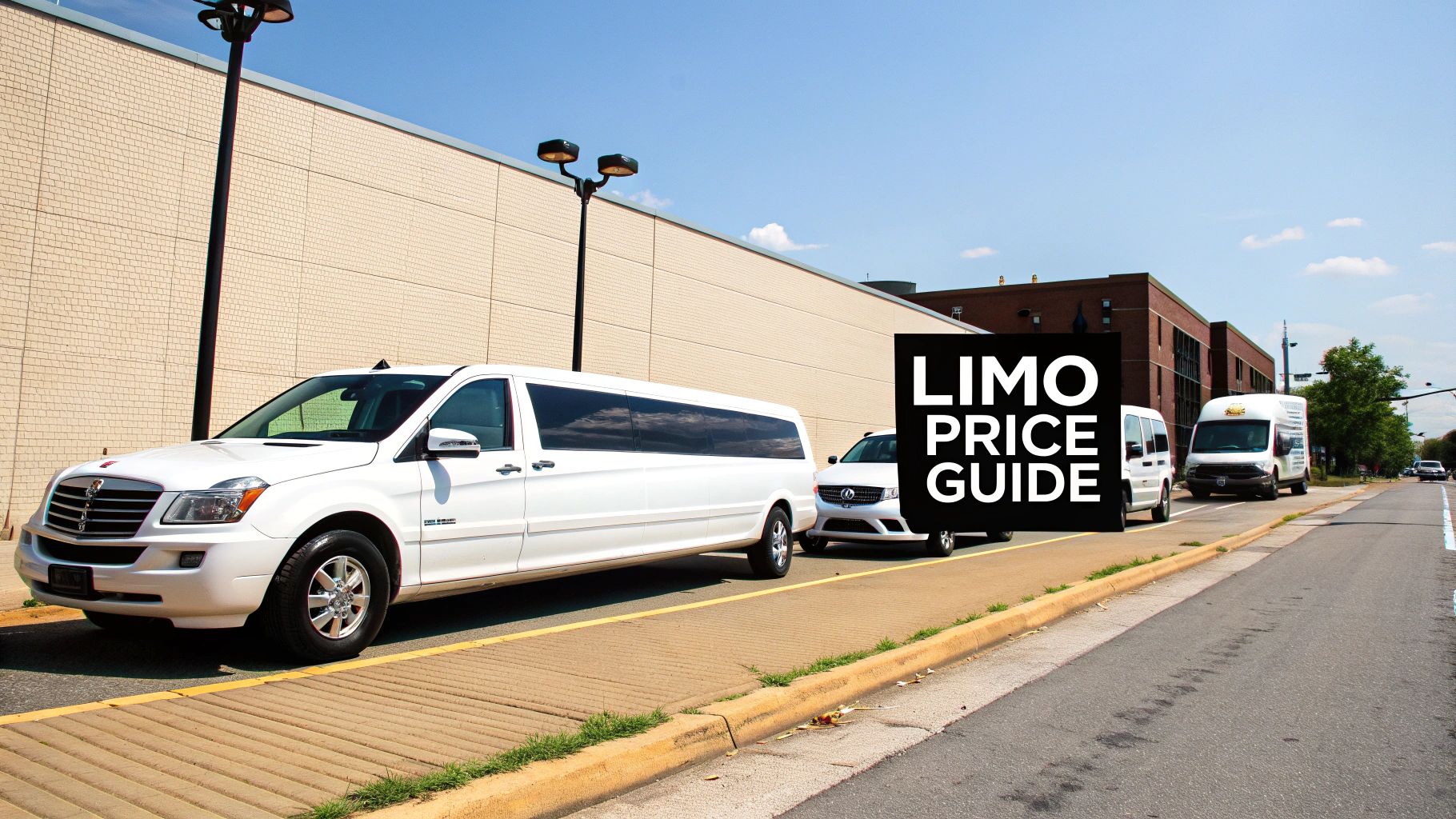 A white stretch limousine and vans parked on a street, with a 'LIMO PRICE GUIDE' overlay.