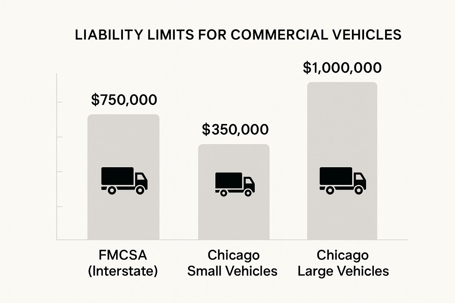 Infographic showing a comparison of liability limits for commercial vehicles, with bars for FMCSA ($750,000), Chicago Small Vehicles ($350,000), and Chicago Large Vehicles ($1,000,000).