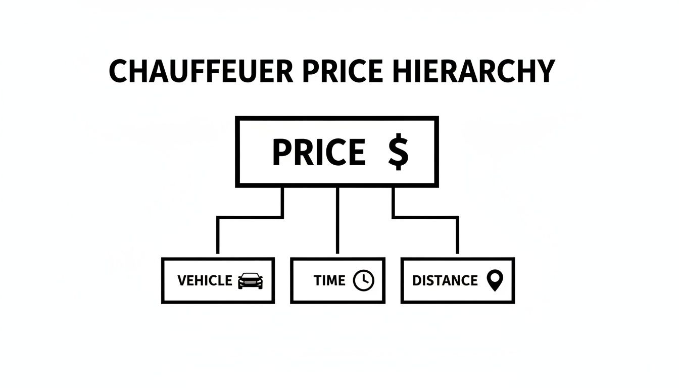 A diagram illustrating the chauffeur service price hierarchy, showing price depends on vehicle, time, and distance.