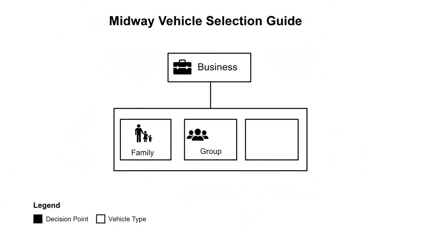 Midway Vehicle Selection Guide flowchart shows 'Business' leading to 'Family' and 'Group' vehicle types.