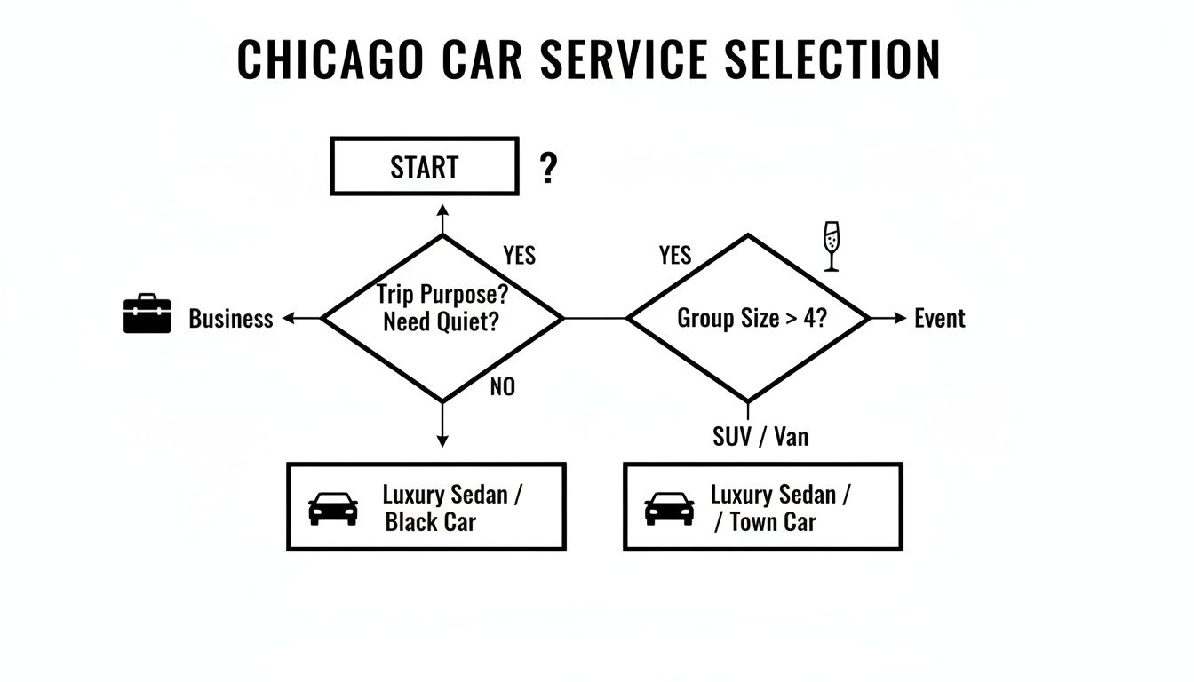 Flowchart for Chicago car service selection, considering trip purpose, quiet needs, and group size.