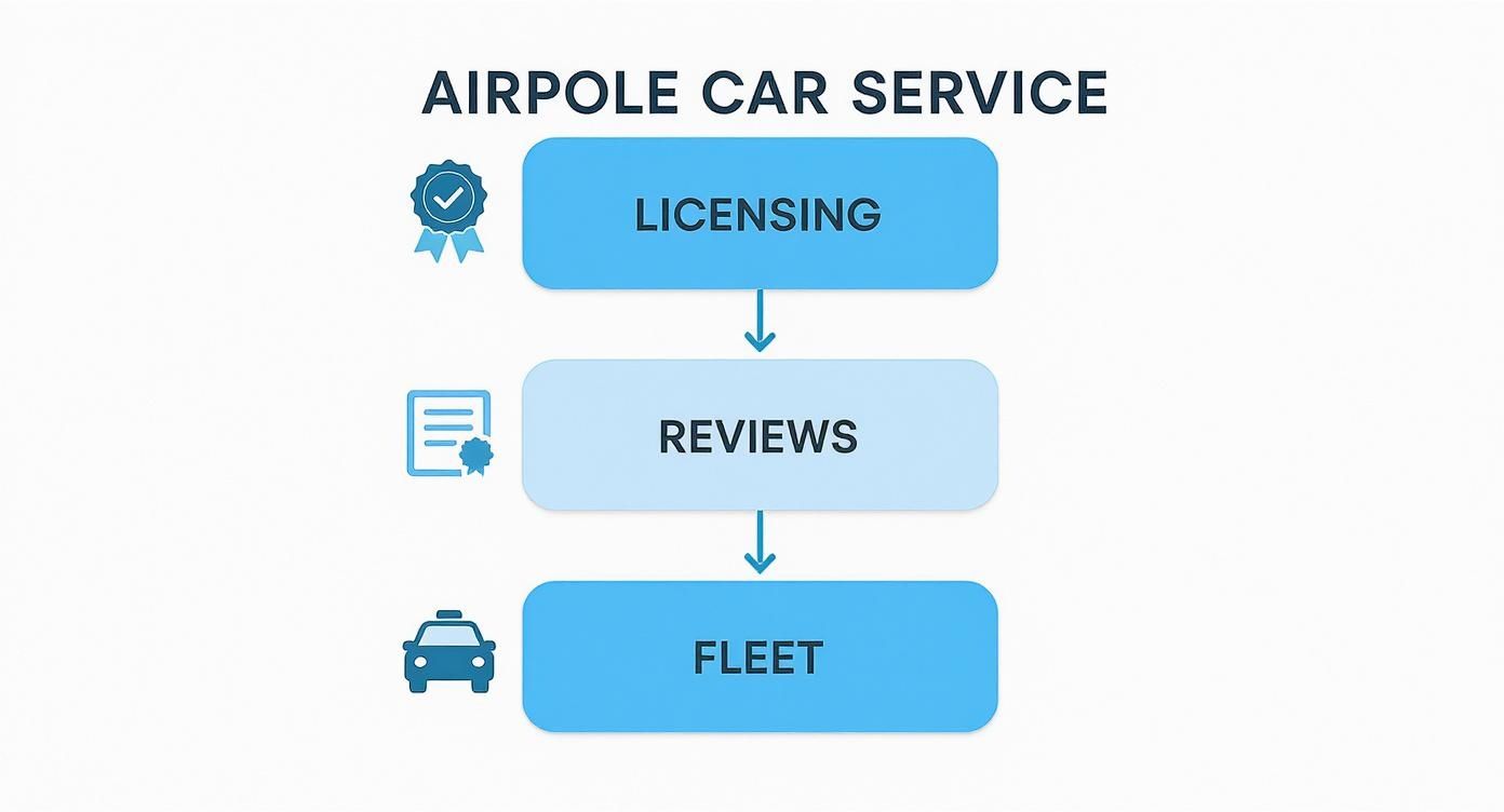 Flowchart illustrating Airpole Car Service's three core steps: Licensing, Reviews, and Fleet, each with an icon.