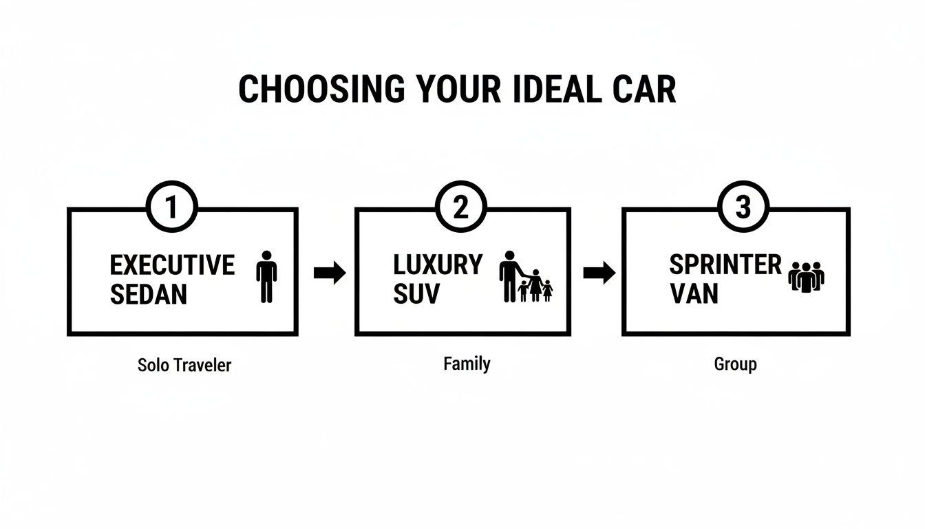 Flowchart depicting car choices: Executive Sedan for solo, Luxury SUV for family, Sprinter Van for groups.