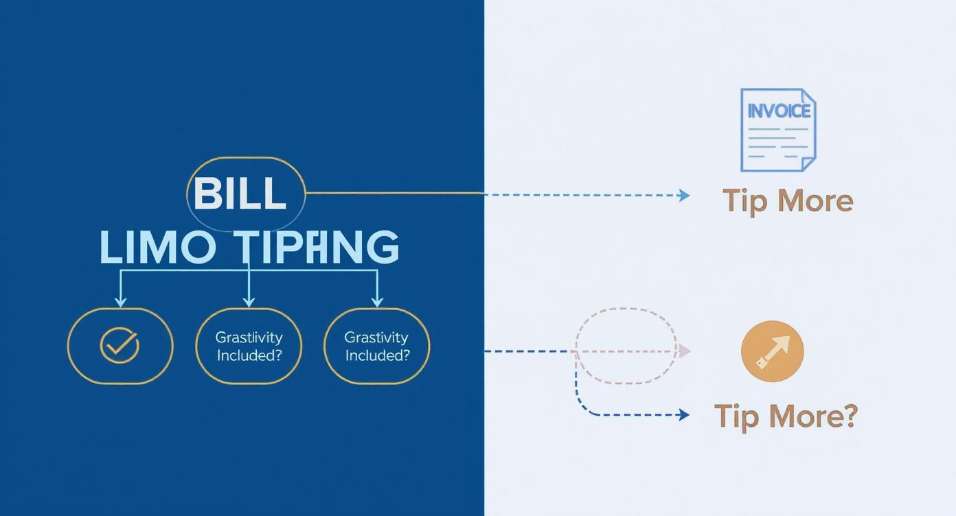 Flowchart showing limo tipping decision process from bill to gratuity inclusion and tip amount