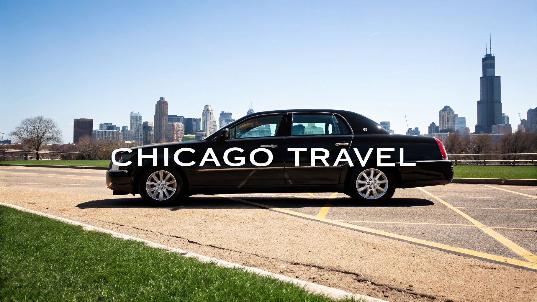 Luxury black car with 'CHICAGO TRAVEL' text, parked against a clear Chicago skyline.