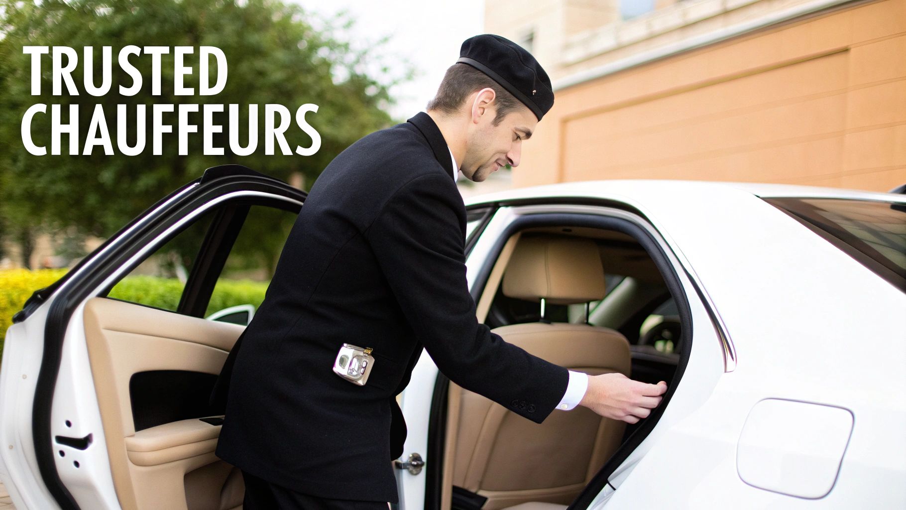 A uniformed chauffeur opens the rear door of a white luxury car, emphasizing professional service.