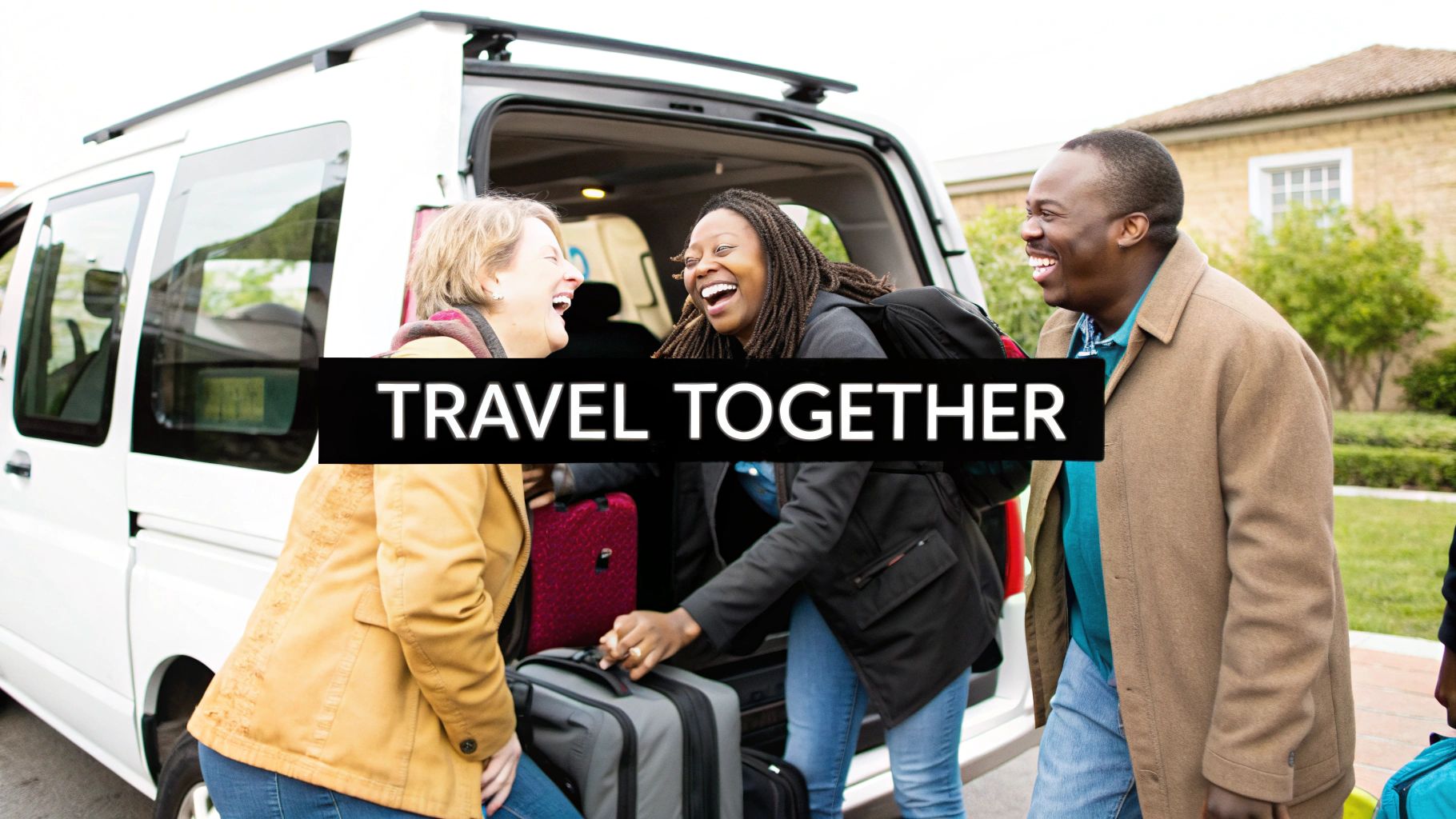 Three happy friends laughing while loading luggage into the back of a white passenger van.