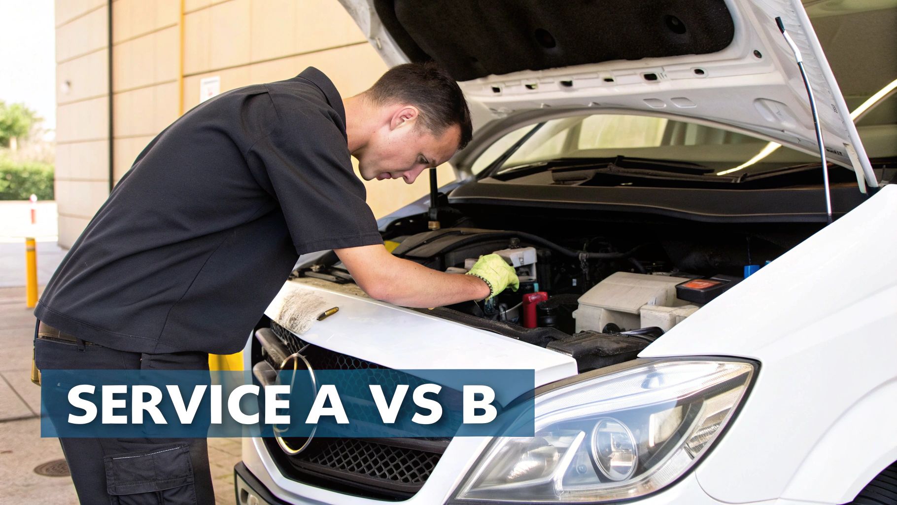 A technician checks the fluid levels on a Sprinter van in a well-lit service bay.