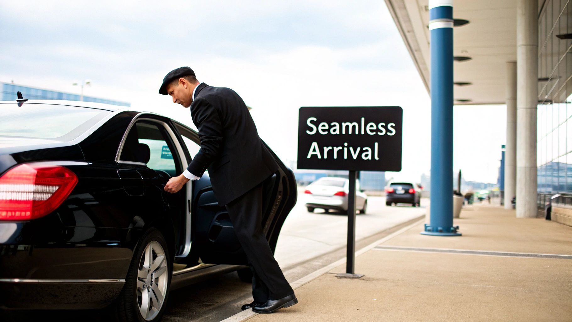 Professional chauffeur in suit and cap opening a black luxury car door at an airport.
