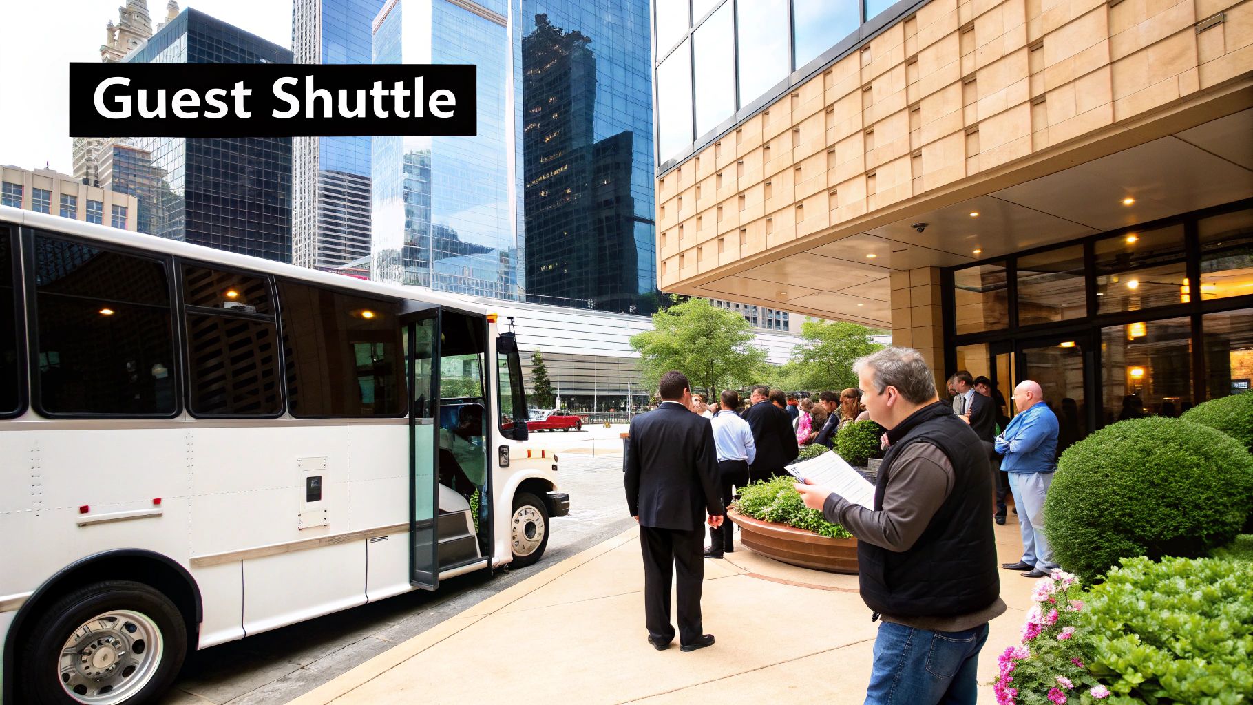 Guests boarding a stylish trolley for a Chicago wedding