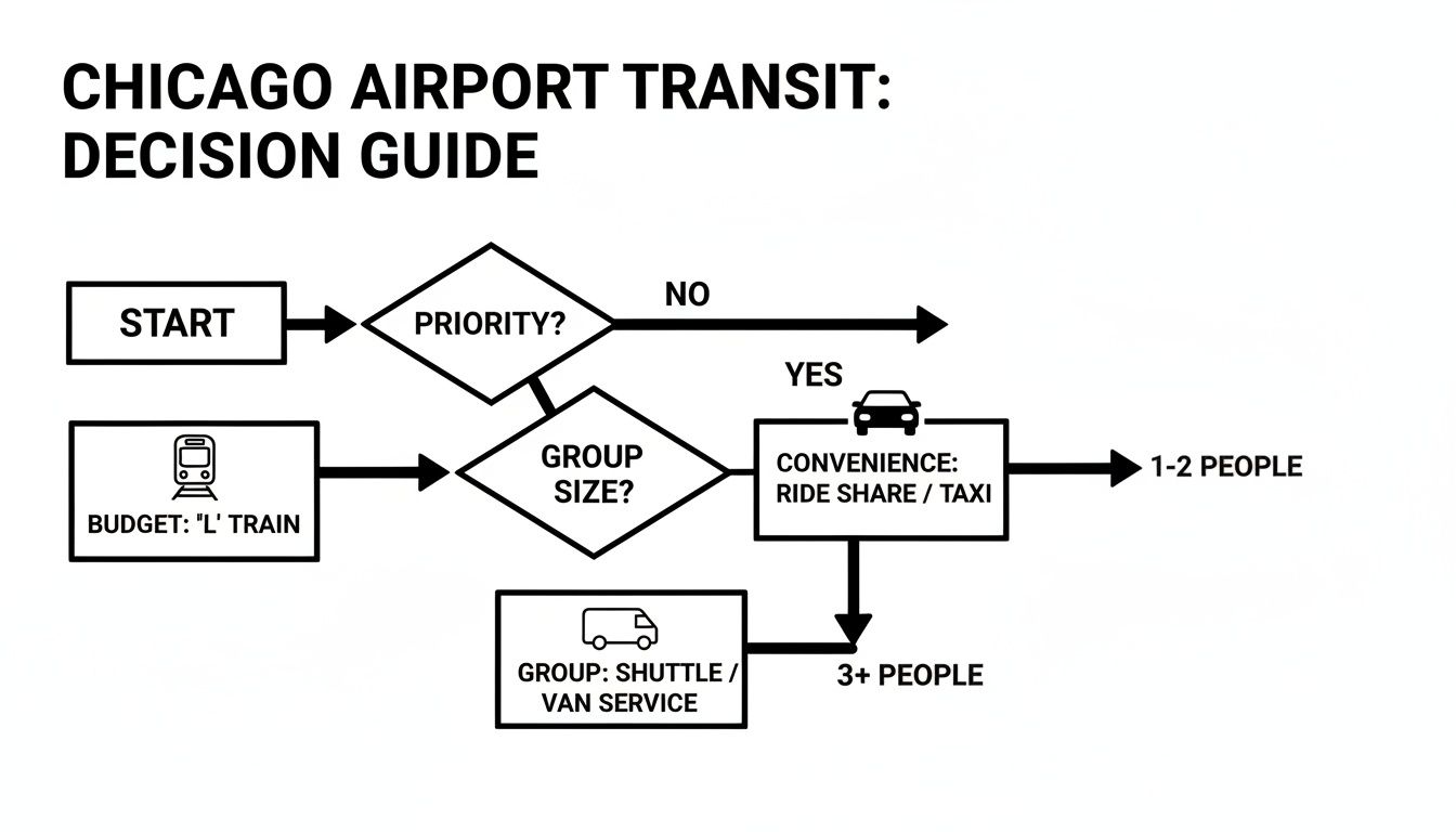 Flowchart guiding Chicago airport transit decisions based on priority, budget, and group size.