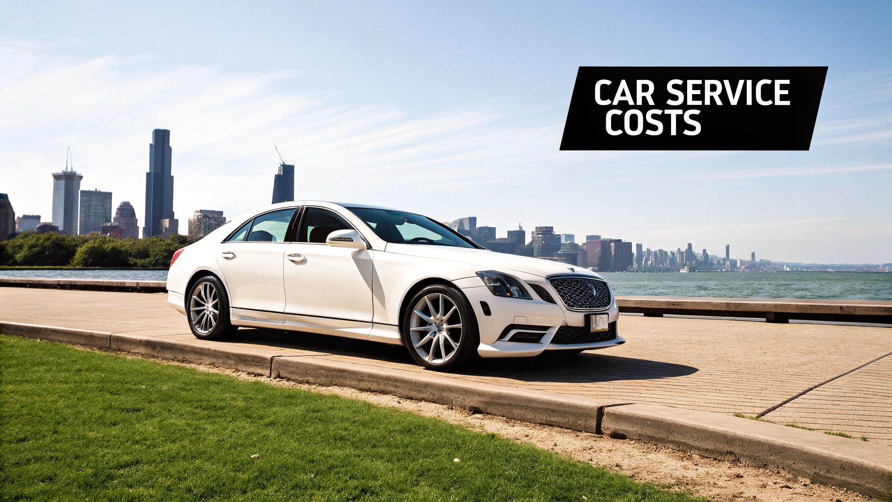 White luxury car parked by a waterfront city skyline, with 'CAR SERVICE COSTS' text overlay.