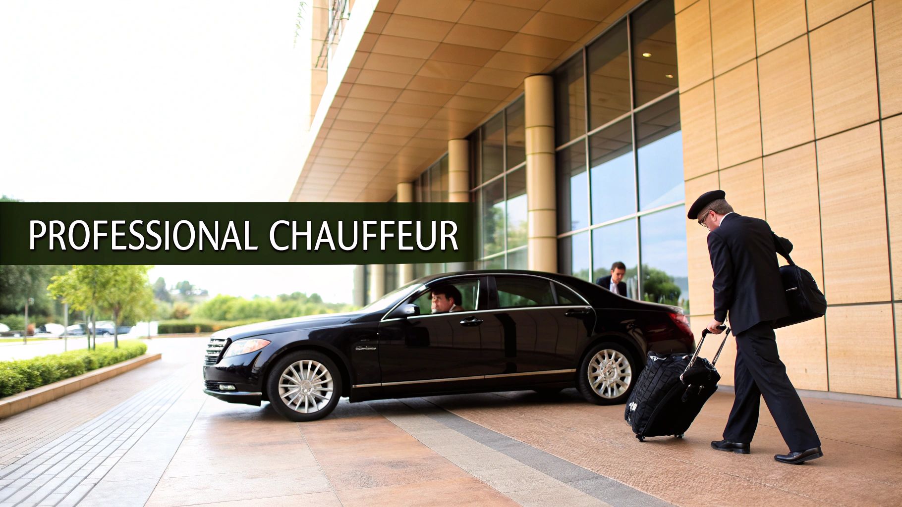 A professional chauffeur in uniform pulls luggage toward a black luxury car outside a modern building.