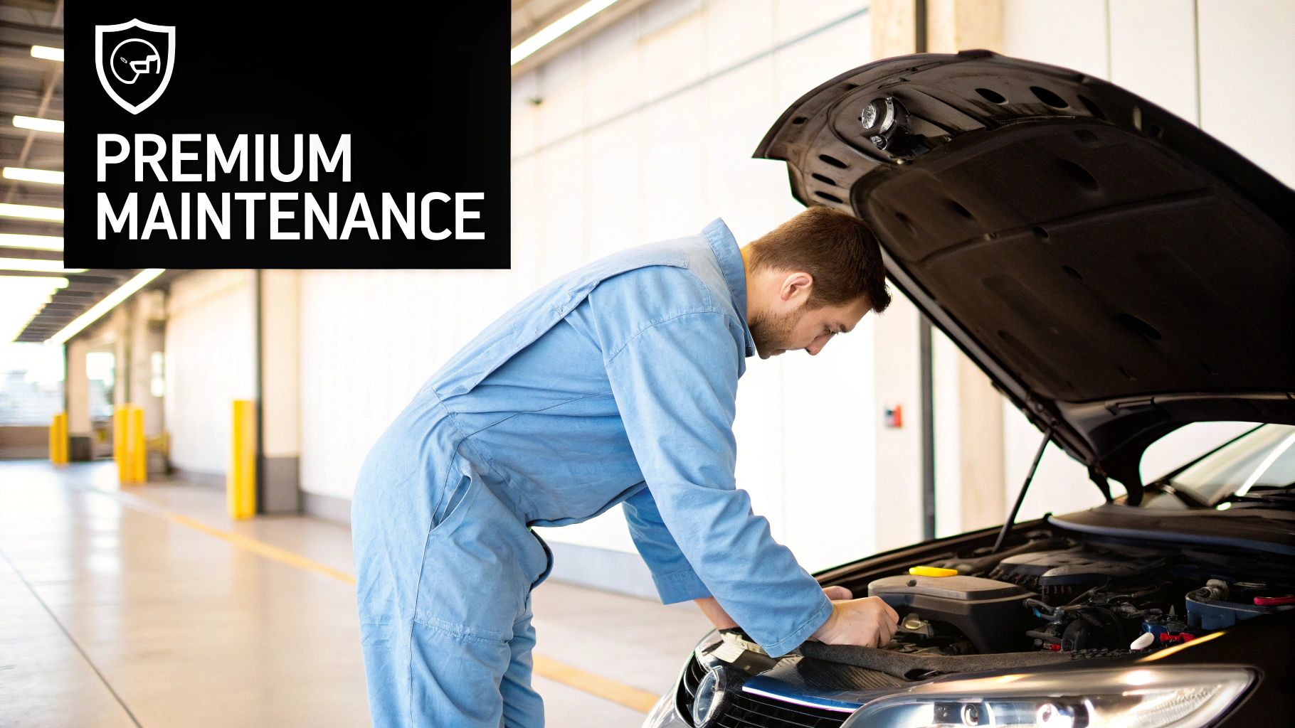 A male mechanic in blue overalls inspects a car engine in a garage with a 'Premium Maintenance' sign.