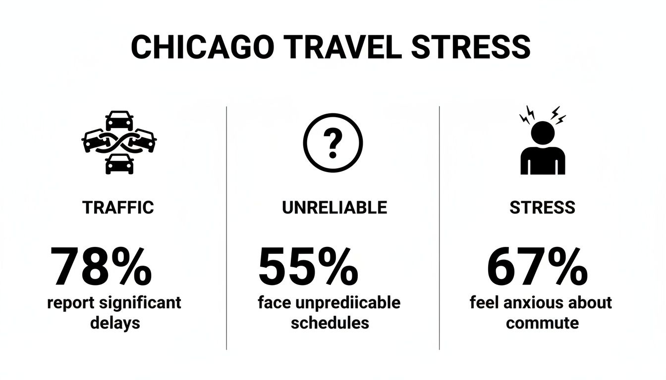 Infographic showing Chicago travel stress: 78% traffic delays, 55% unpredictable schedules, 67% commute anxiety.