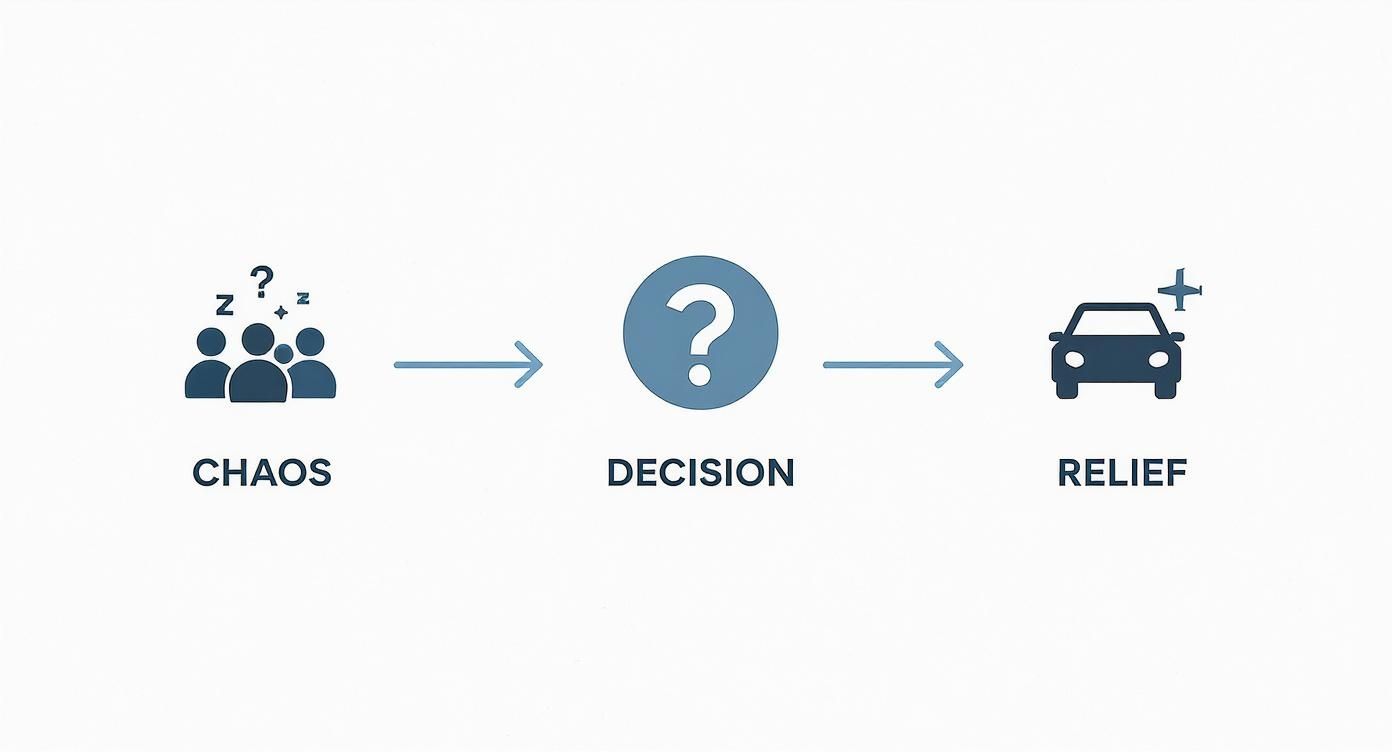 A diagram illustrates the journey from chaos and confusion to a decision, ultimately leading to relief.