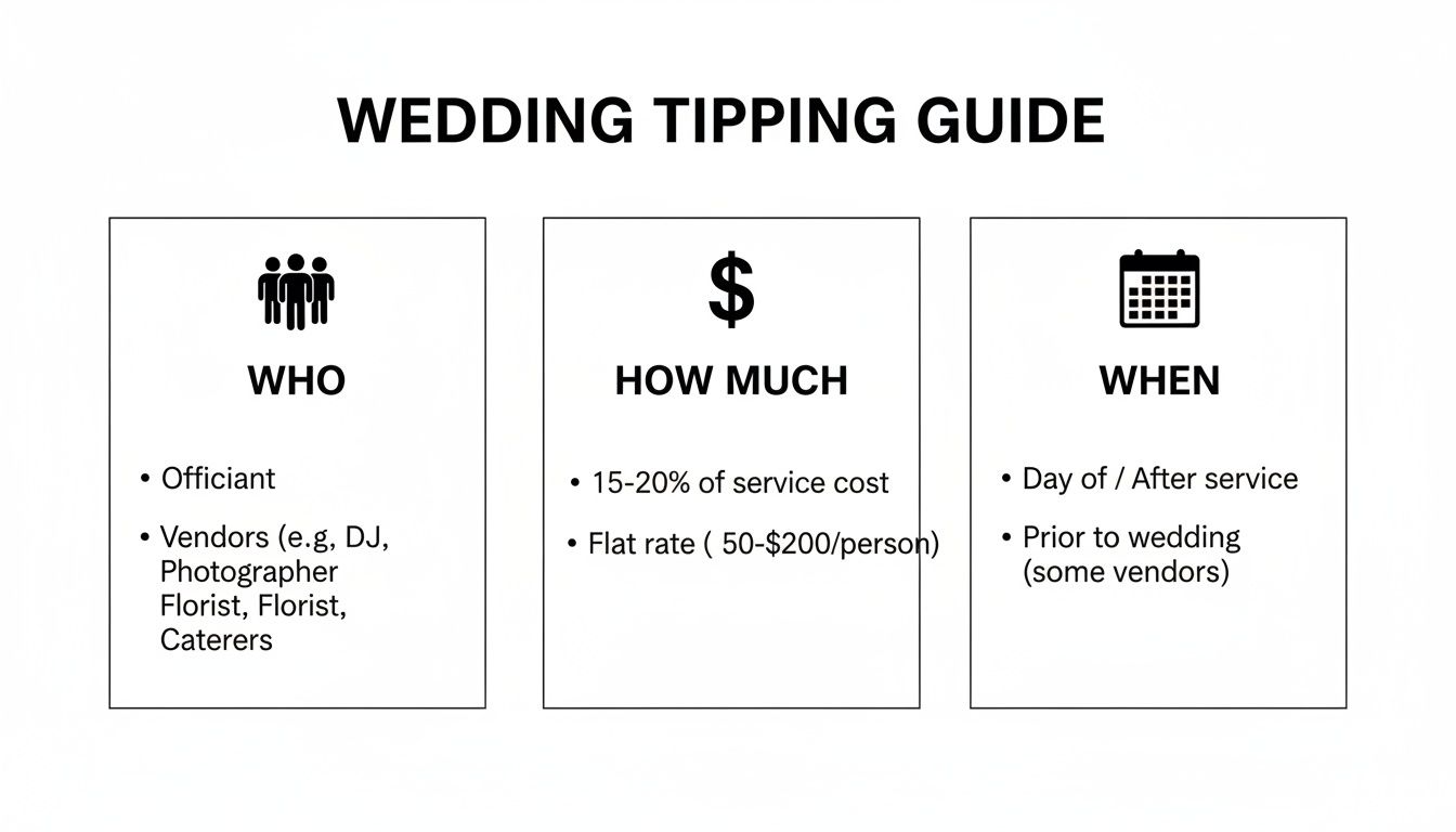 A wedding tipping guide detailing who to tip, how much, and when to tip various vendors and an officiant.