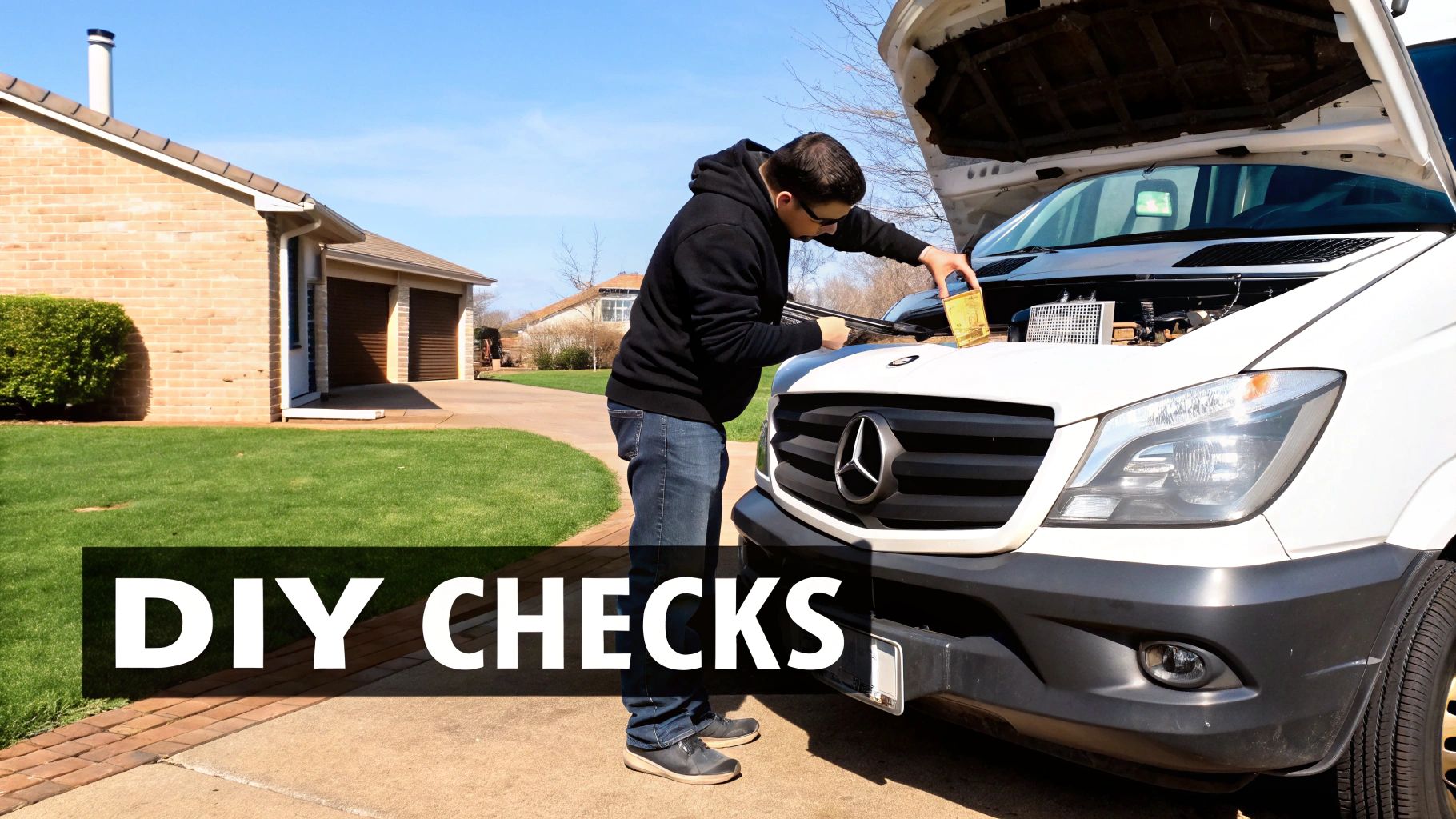 A person checking the engine oil level of a Sprinter van with the hood open.