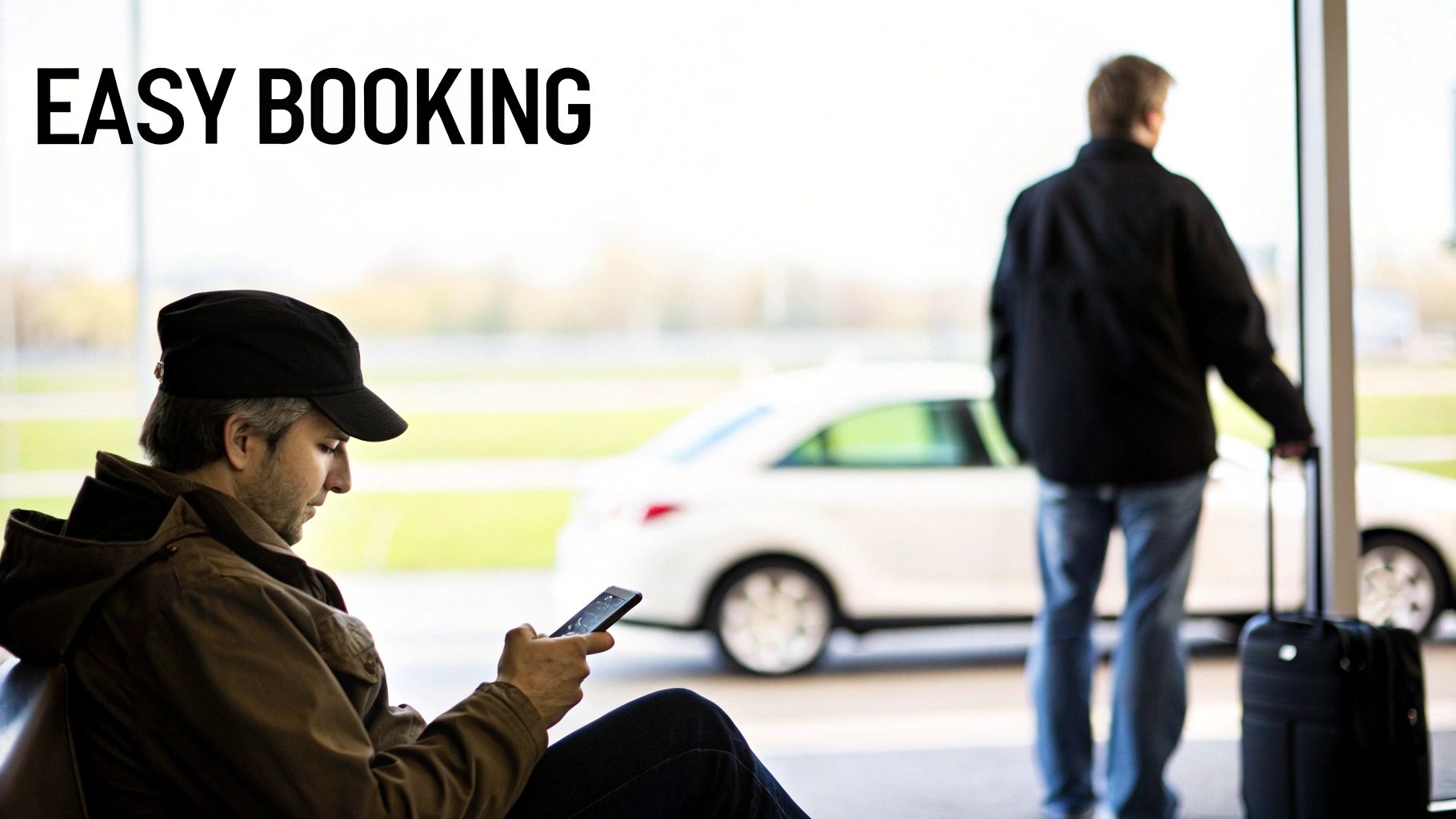 Man booking a car service on his phone inside an airport, with a white car outside.