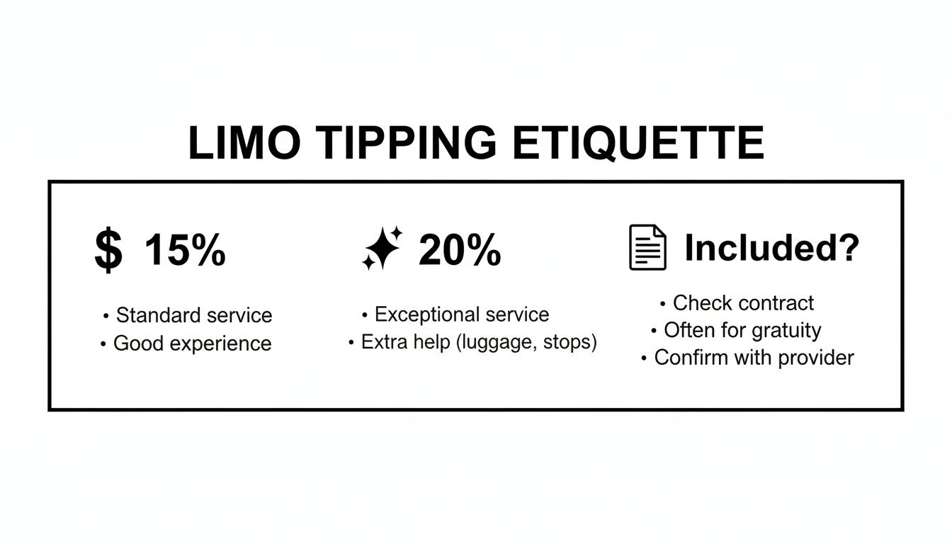 Limo tipping etiquette guide: 15% for standard service, 20% for exceptional, and check if gratuity is included.