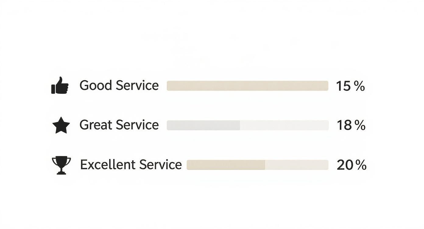 A bar chart displaying service ratings: Good Service 15%, Great Service 18%, and Excellent Service 20%.