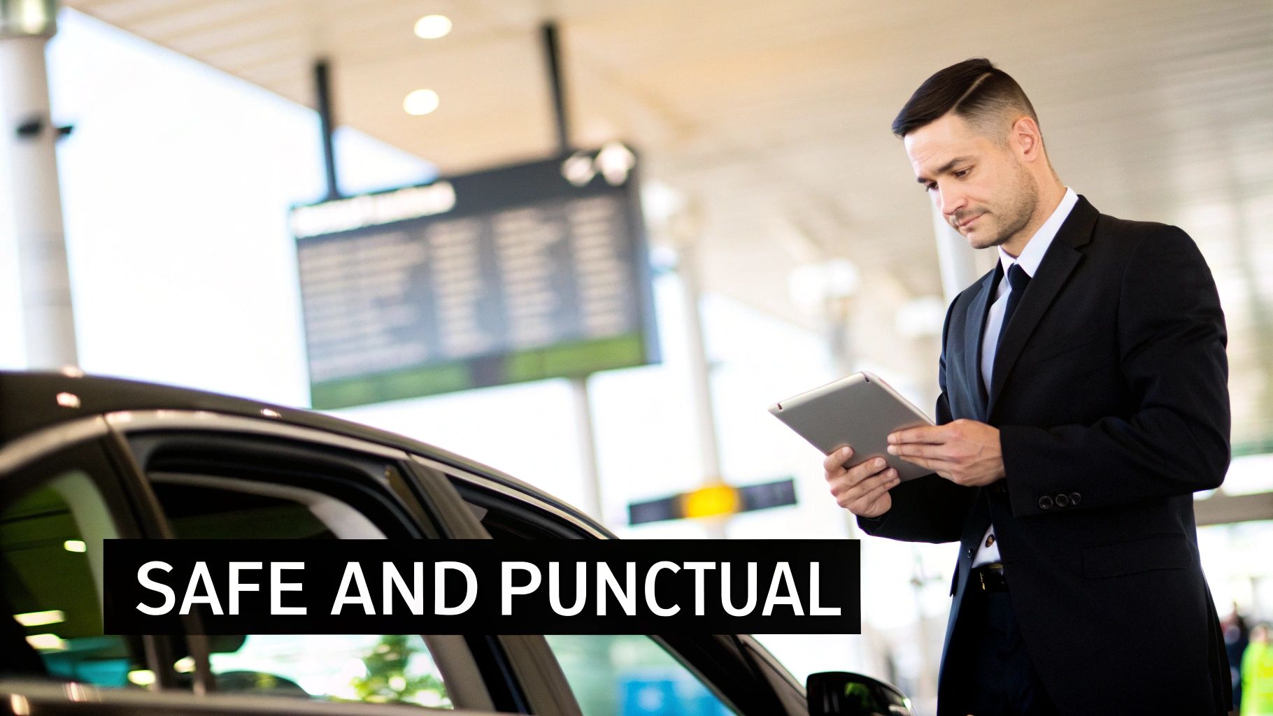 A professional chauffeur in a suit checks a tablet next to a black car at an airport terminal.