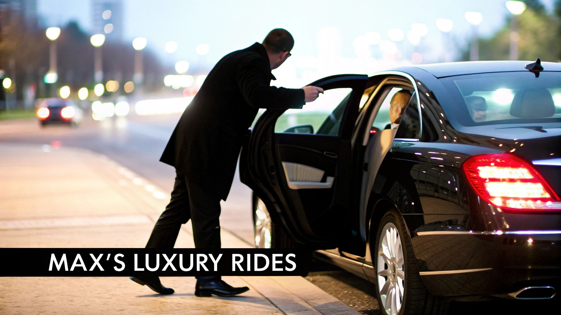 A professional chauffeur opens the door of a luxurious black car for a passenger in the city.