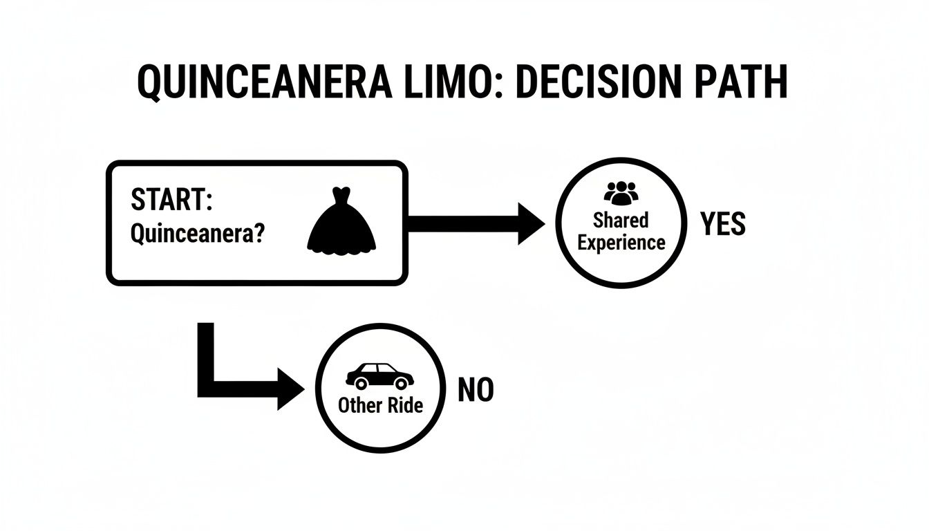 Decision path flowchart for Quinceanera limo services, showing shared experience or other ride options.