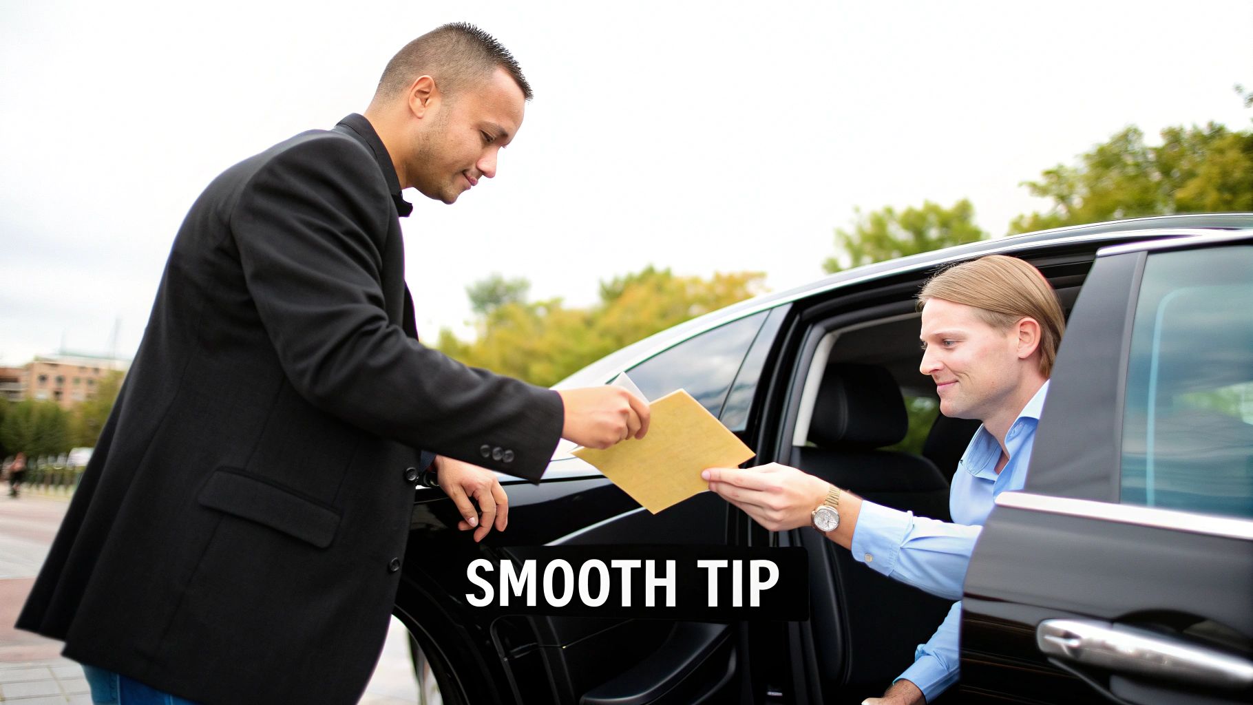 A person discreetly handing a cash tip to a limo driver at the end of a ride.