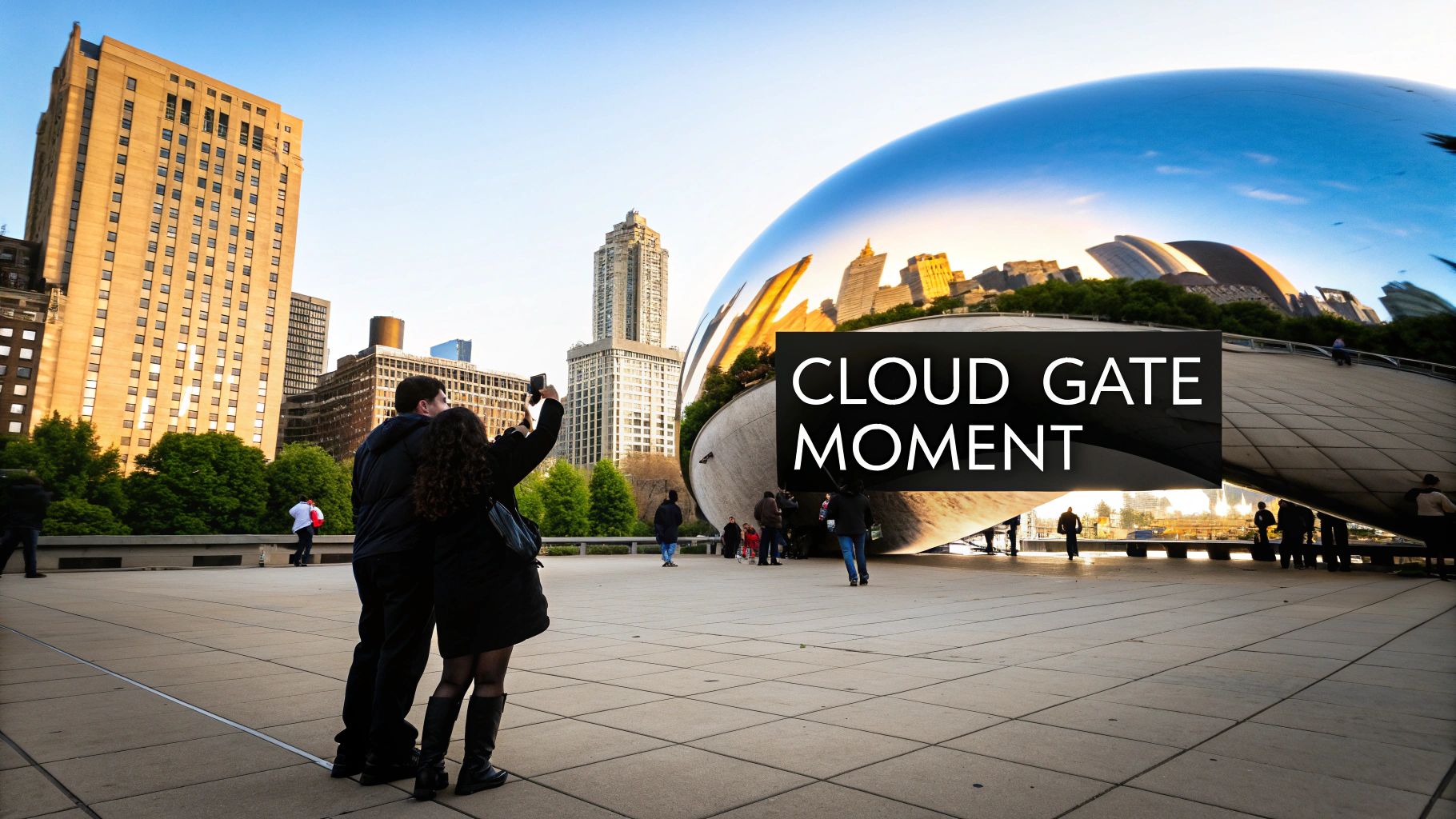 Tourists photographing Chicago Cloud Gate Bean sculpture with city skyline reflection at sunset