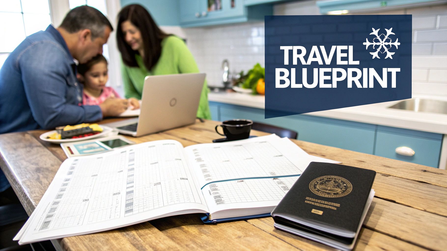 A family reviews travel plans at a kitchen table with a laptop, planner, and passport.