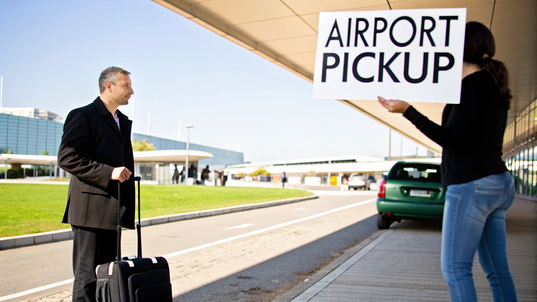 A businessman with luggage awaits an airport pickup, looking at a woman holding an 'AIRPORT PICKUP' sign.