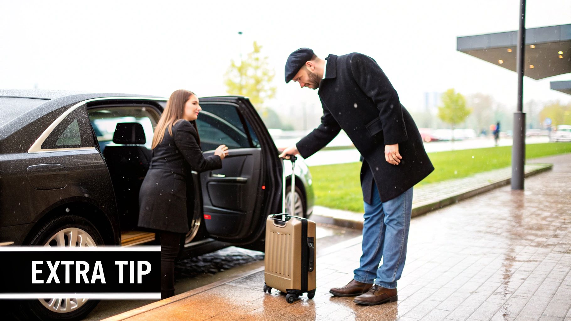 A chauffeur helps a woman with her luggage as she enters a luxury black car in the rain.