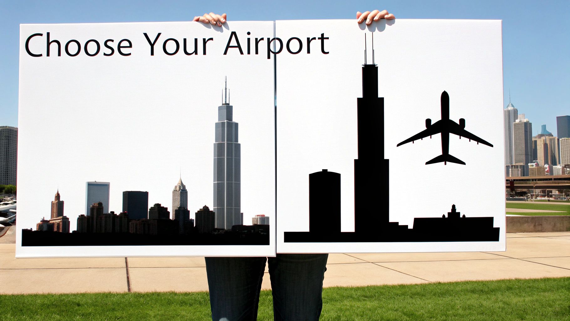 Two people hold white signs displaying 'Choose Your Airport' with Chicago skyline and an airplane.