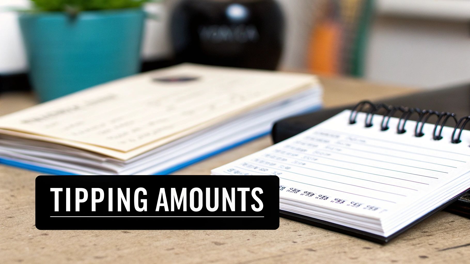 A desk with a checkbook and a notebook displaying 'TIPPING AMOUNTS' text.