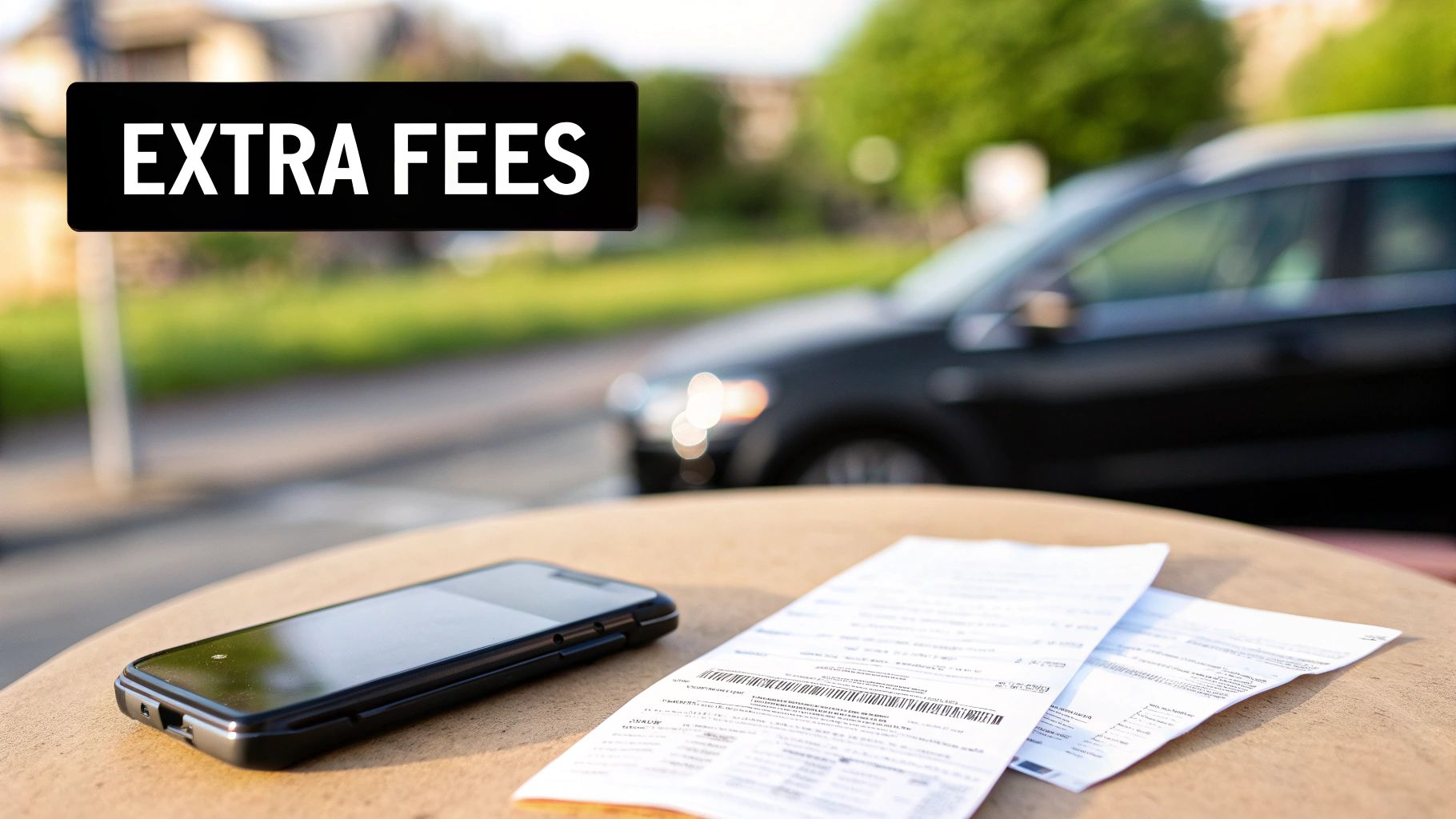 A smartphone and papers on a table, with a 'EXTRA FEES' sign and a blurred car.