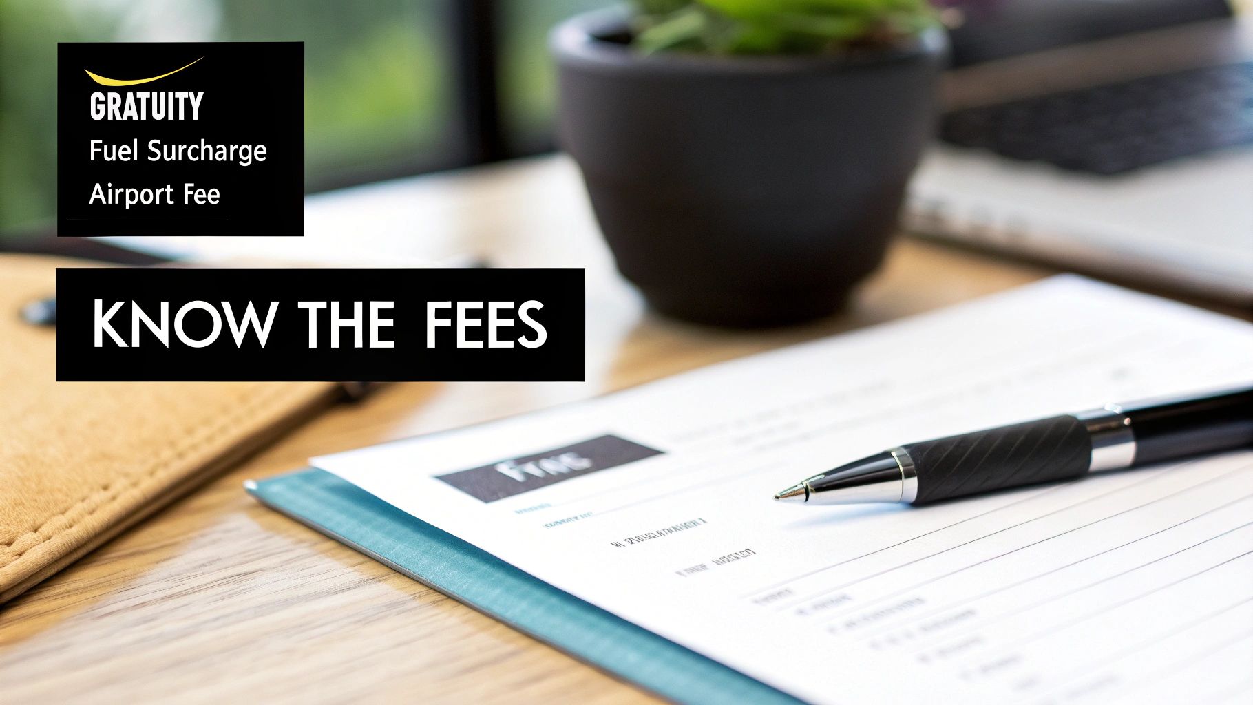 A desk scene with a pen, documents, and signs about fees, including gratuity and surcharges.