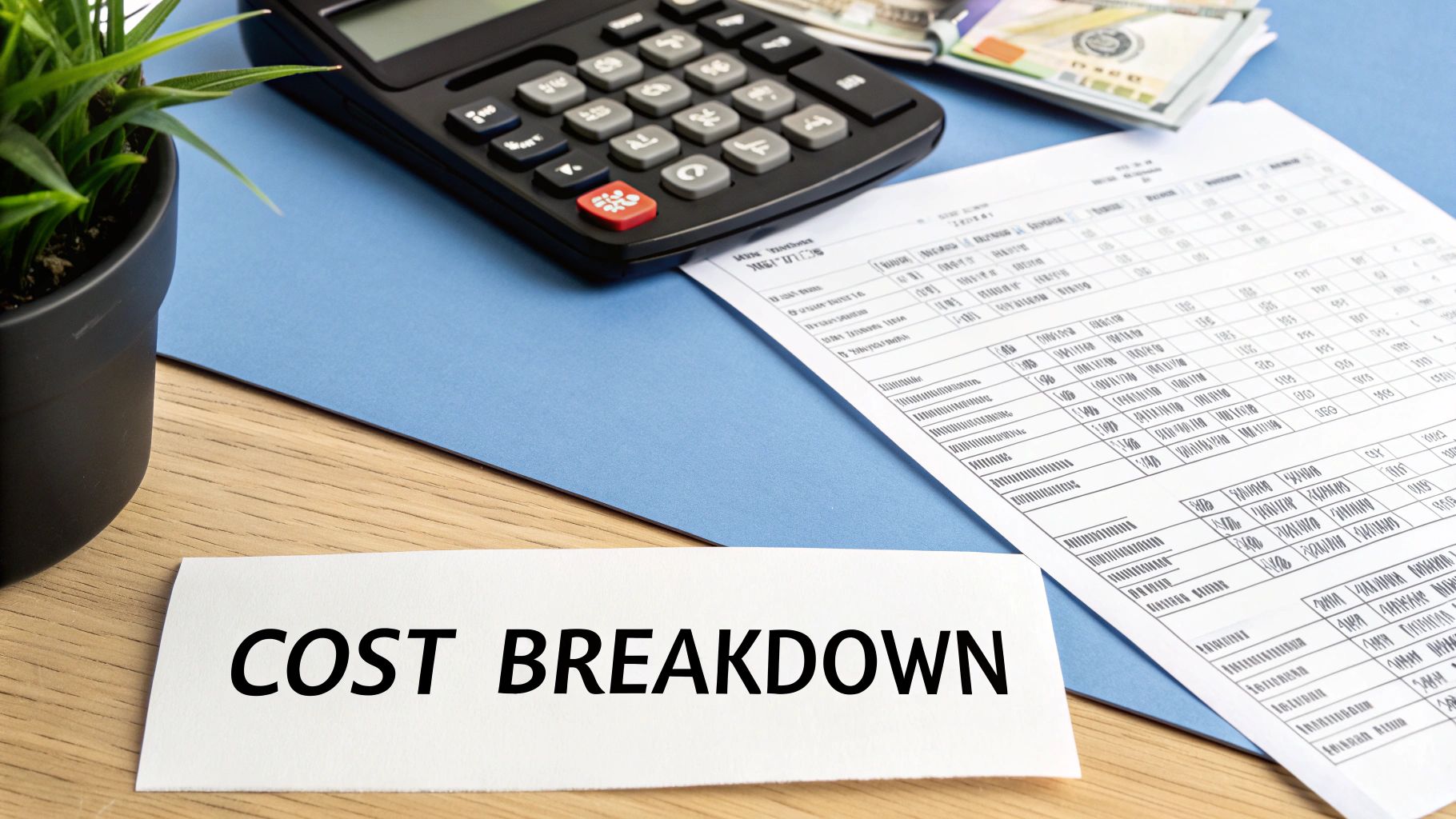 A calculator, money, and financial documents on a blue folder next to a plant and a 'COST BREAKDOWN' card.