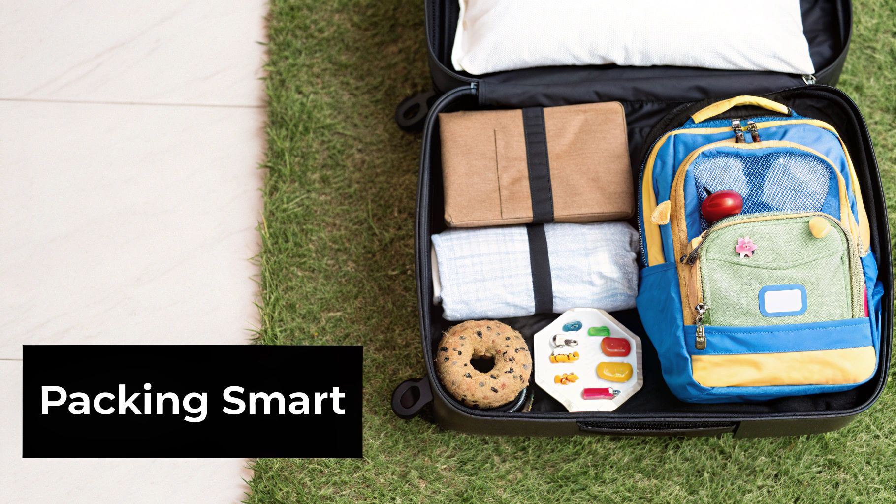 An open black suitcase on green grass, neatly packed with a child's backpack, folded clothes, a bagel, and small toys. Text: Packing Smart.