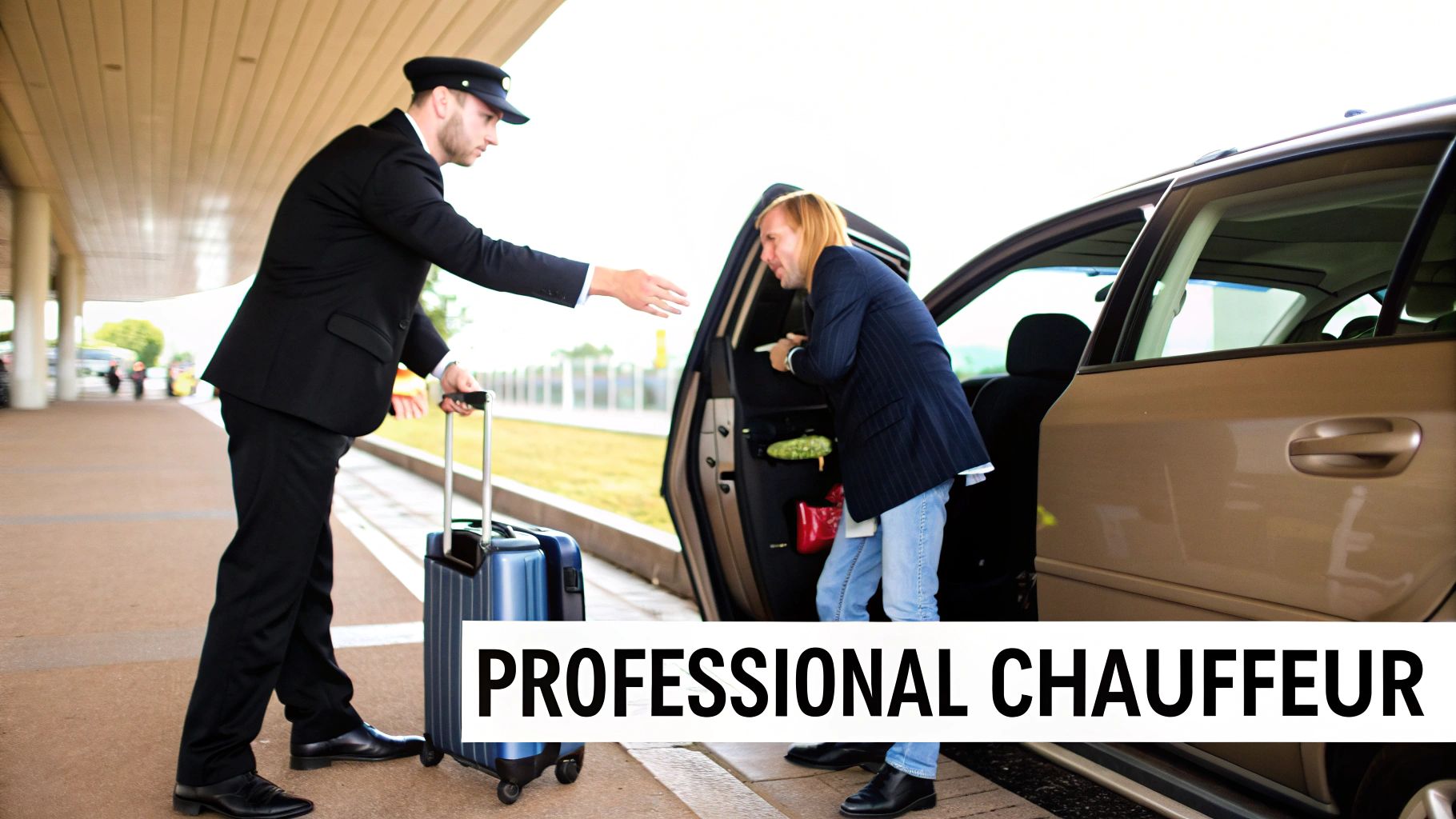 A professional chauffeur in a black suit helps a passenger into a luxury car at an airport.