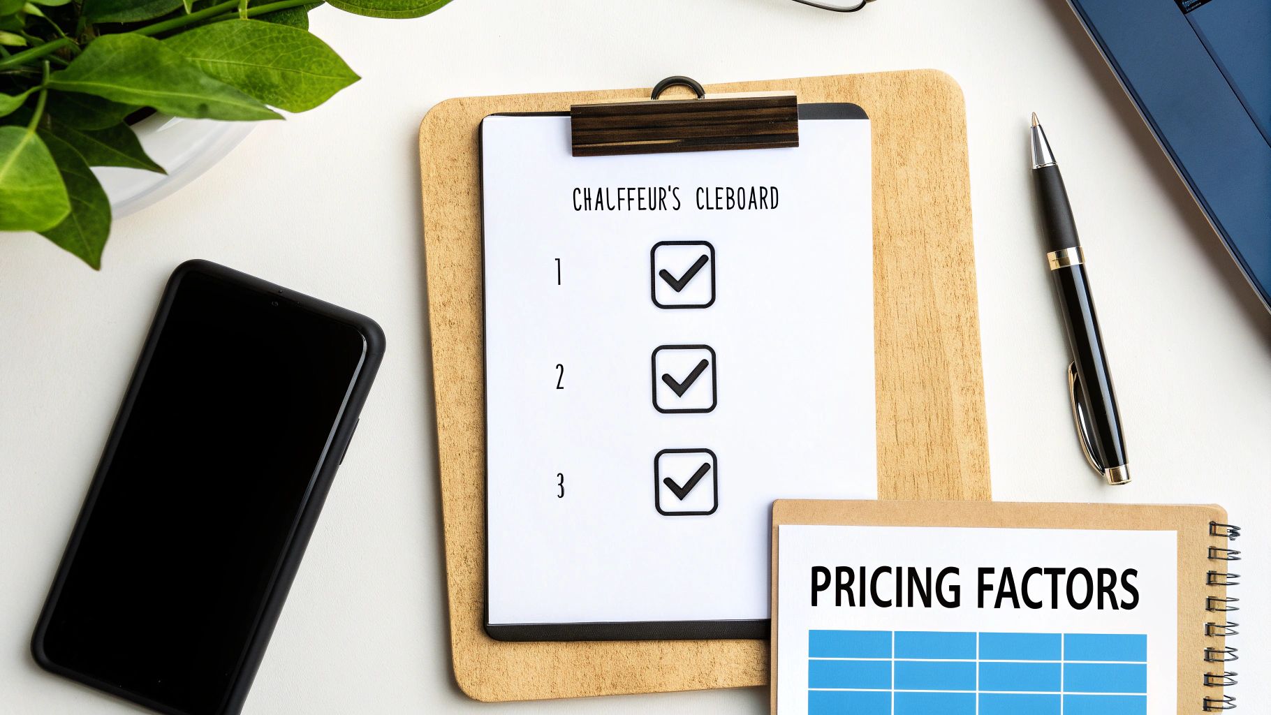 Overhead view of a workspace with a clipboard, checklist, pricing factors notebook, and phone.