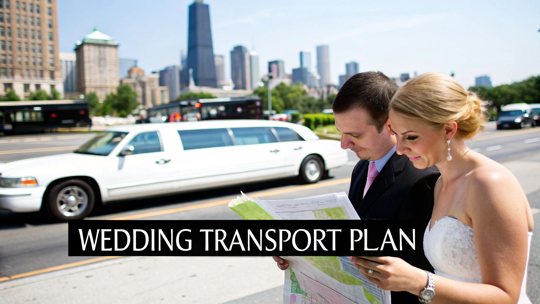 A classic white trolley decorated for a wedding driving through a Chicago street.