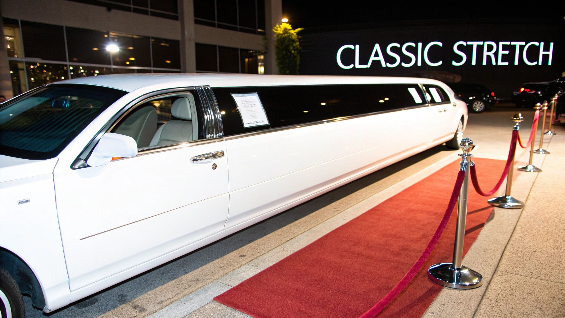 A classic white stretch limousine parked in front of a grand building, ready for an event.