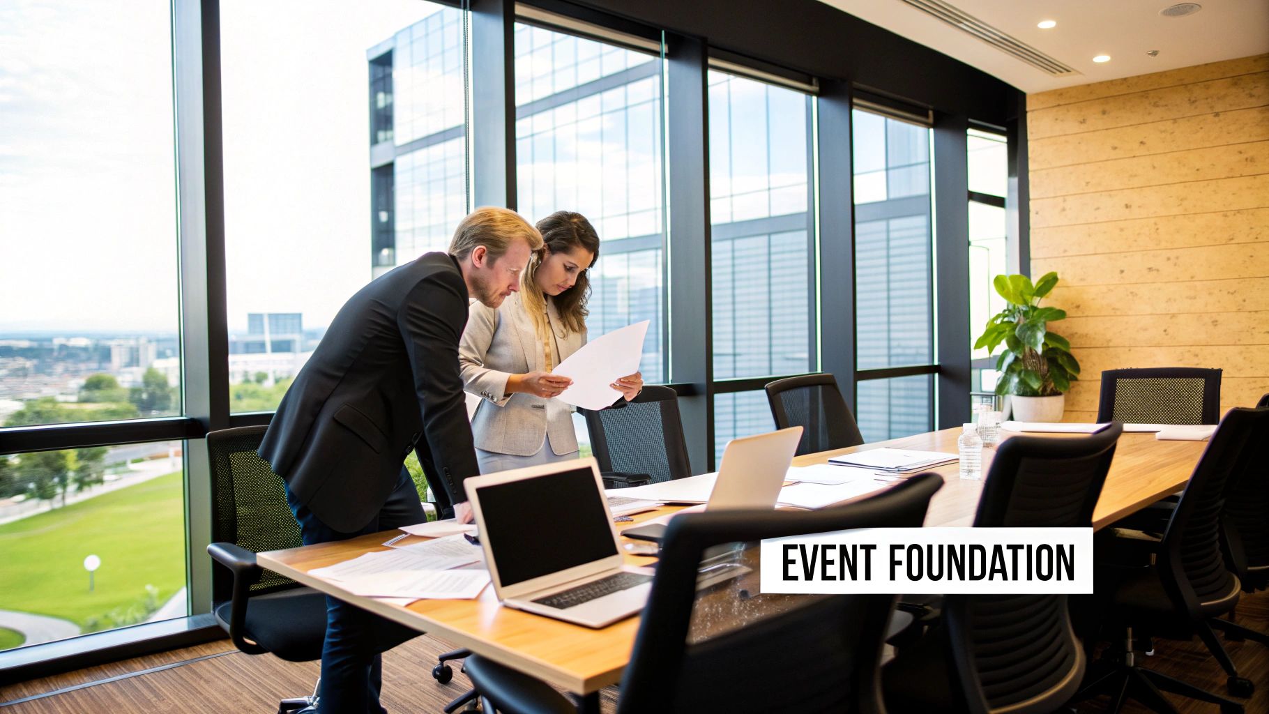 A diverse team collaborates around a large table, planning a corporate event with sticky notes and laptops.