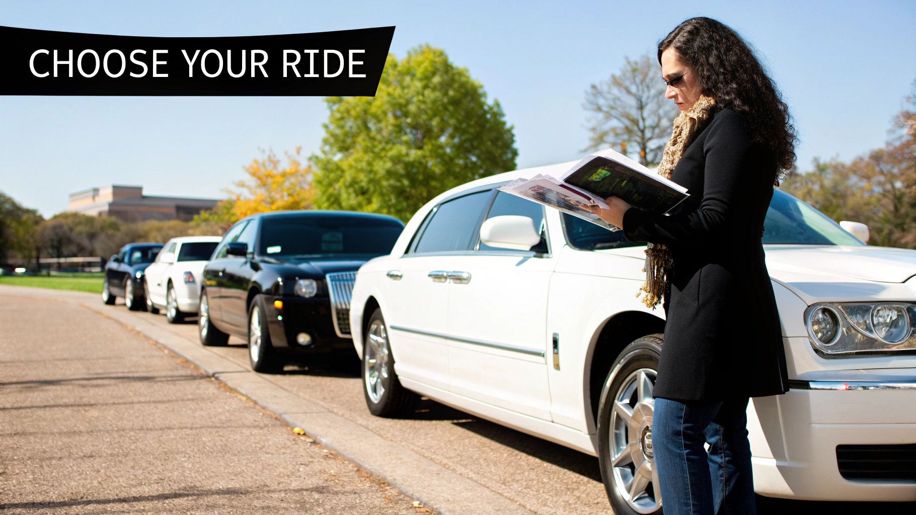 A pristine white limousine parked in a modern, well-lit garage, ready for service.