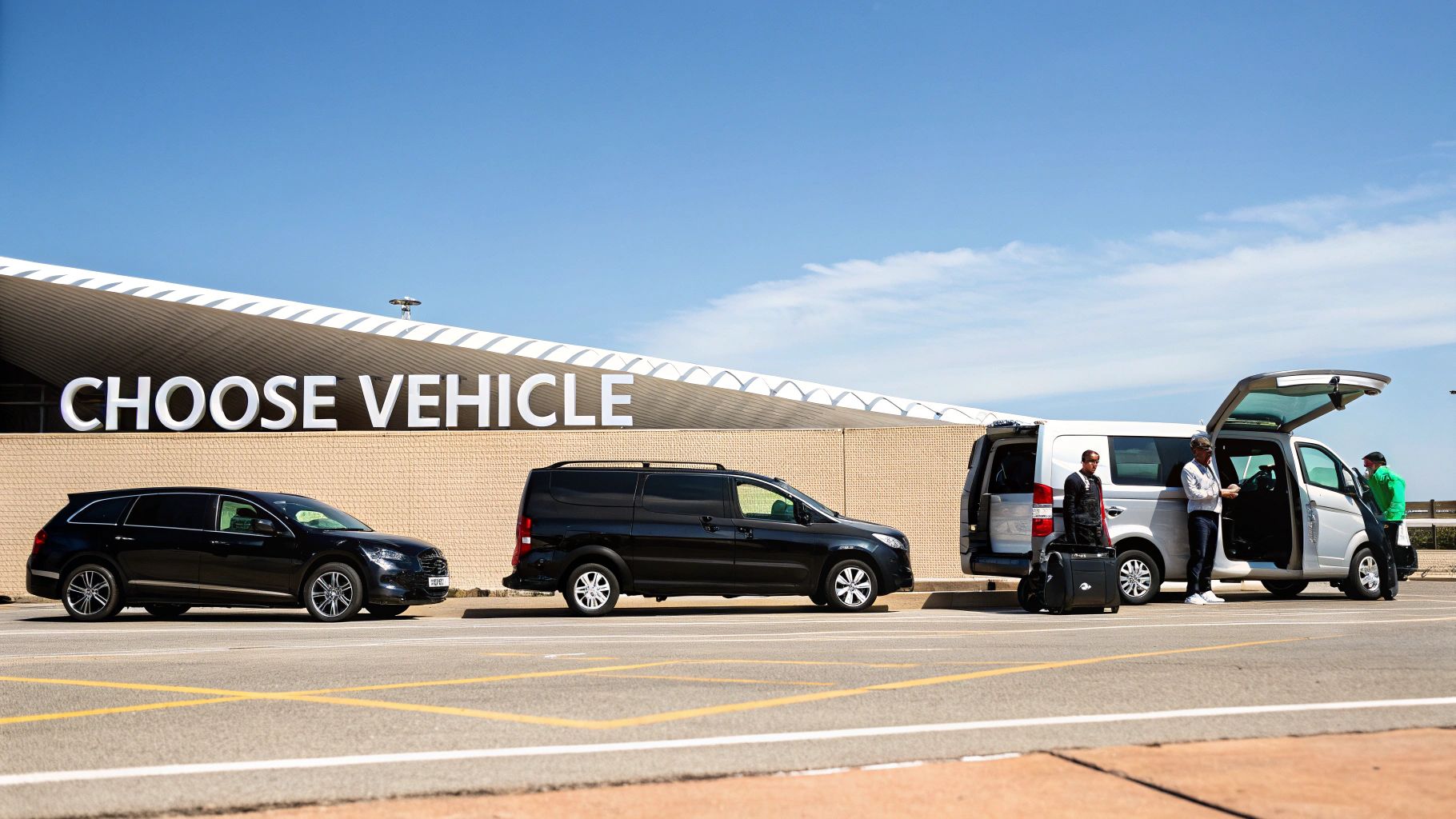 Three vehicles parked at an airport pickup area with people and luggage, next to a building that says 'CHOOSE VEHICLE'.